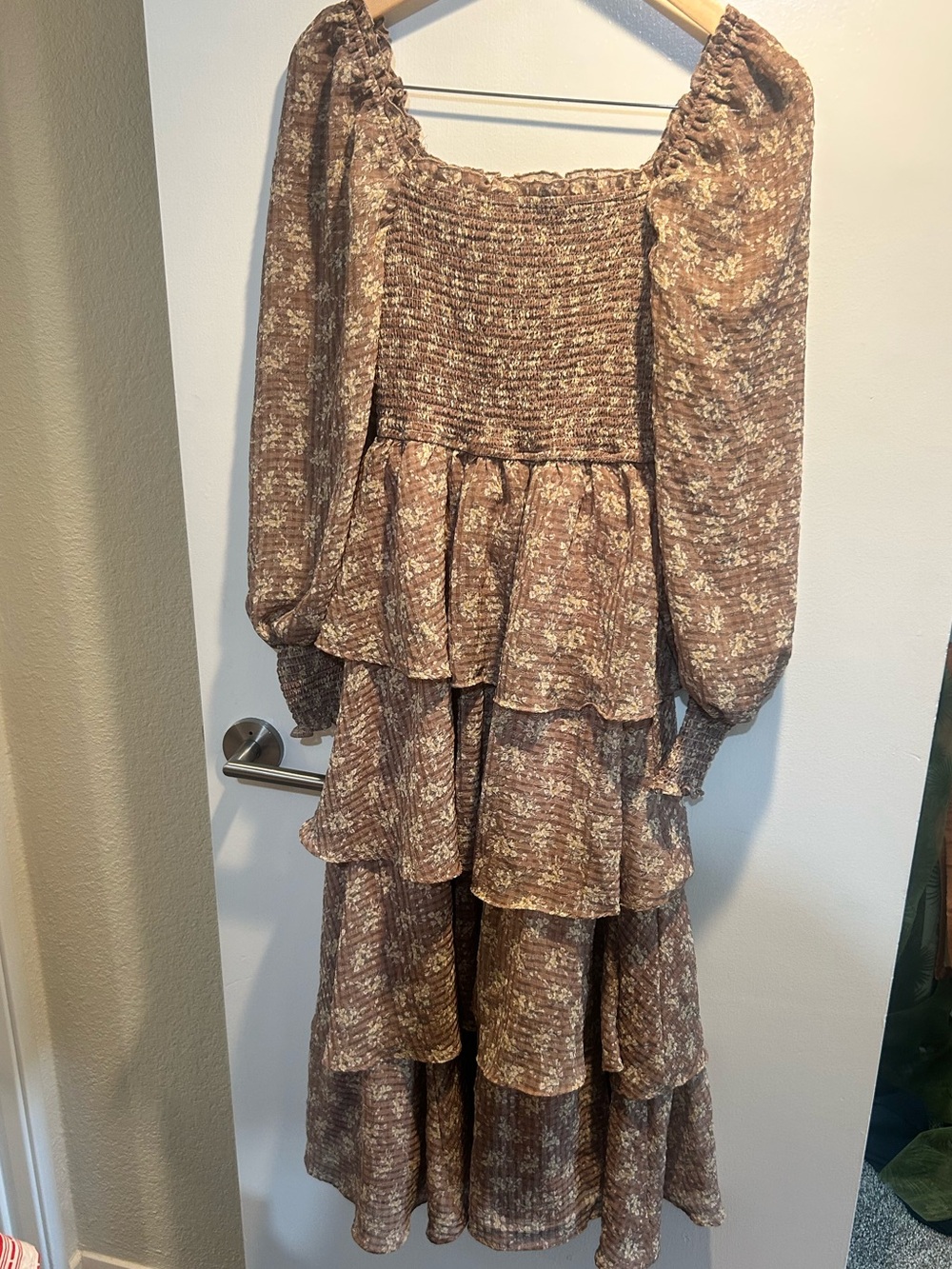 Baltic Born Brown Floral-Texture Tiered Midi Dress